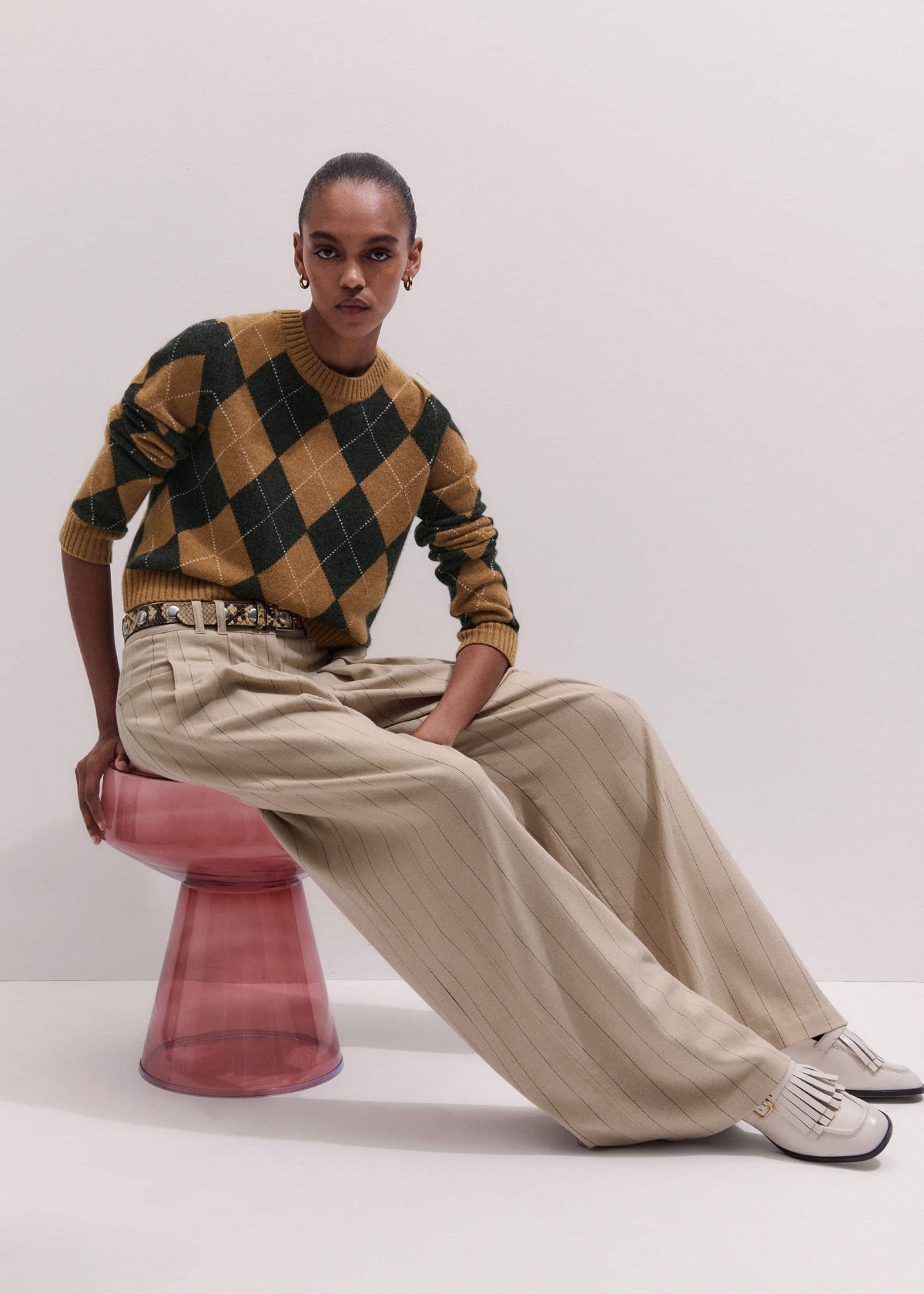 Brown Cashmere Relaxed Argyle Sweater | ME+EM