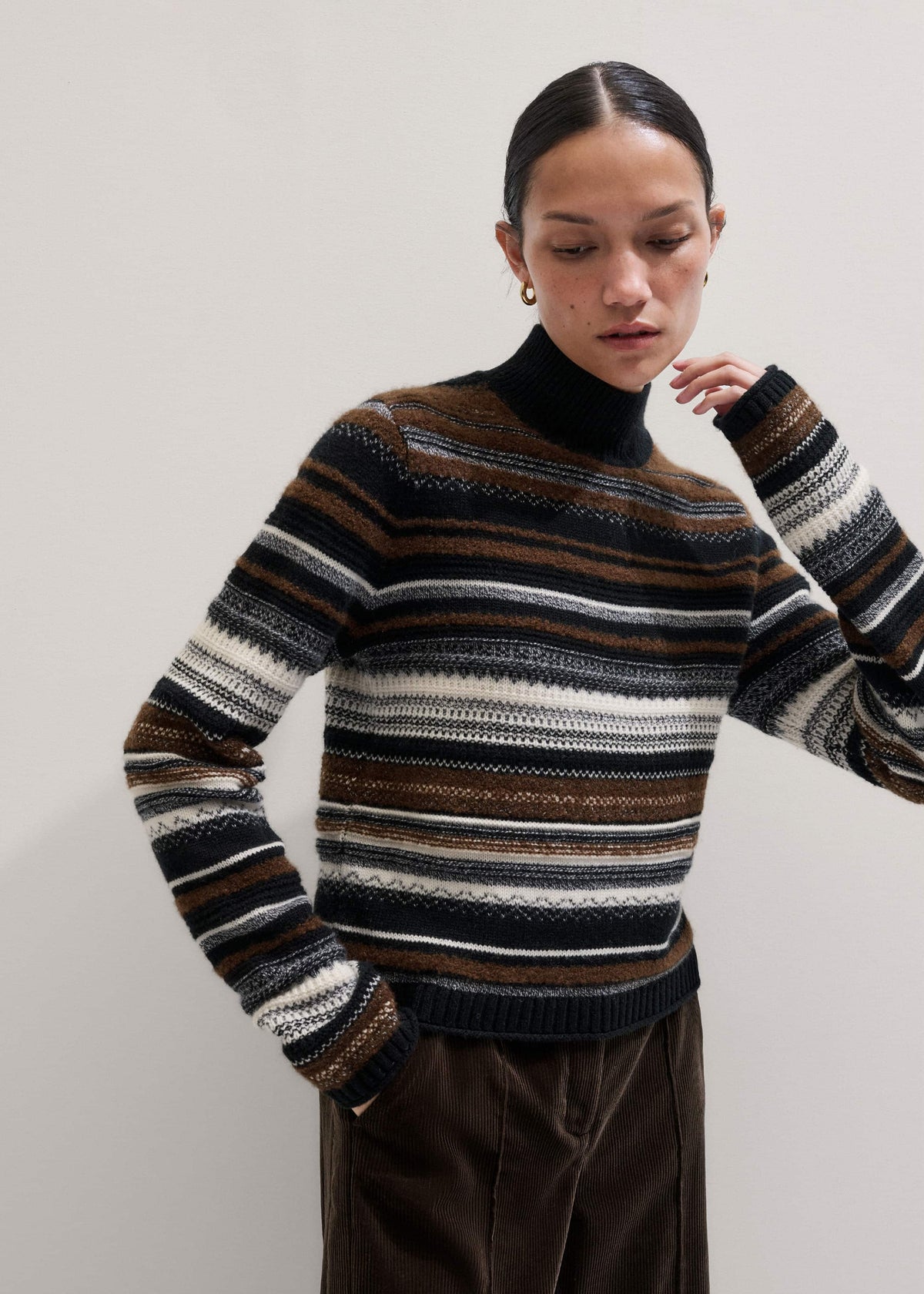 Black Textured Stitch Relaxed High Neck Sweater | ME+EM