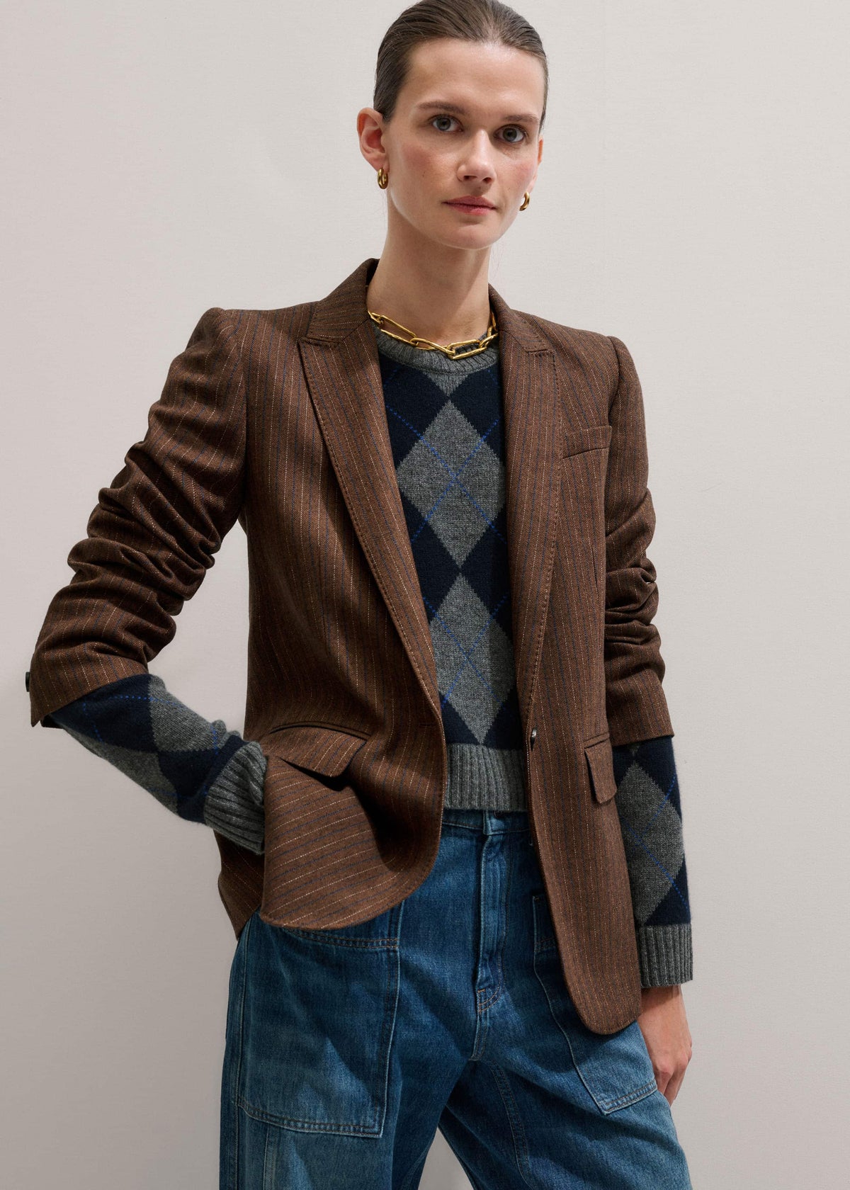 Brown Pinstripe Sharp Shoulder Blazer | ME+EM