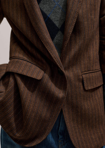 Brown Pinstripe Sharp Shoulder Blazer | ME+EM