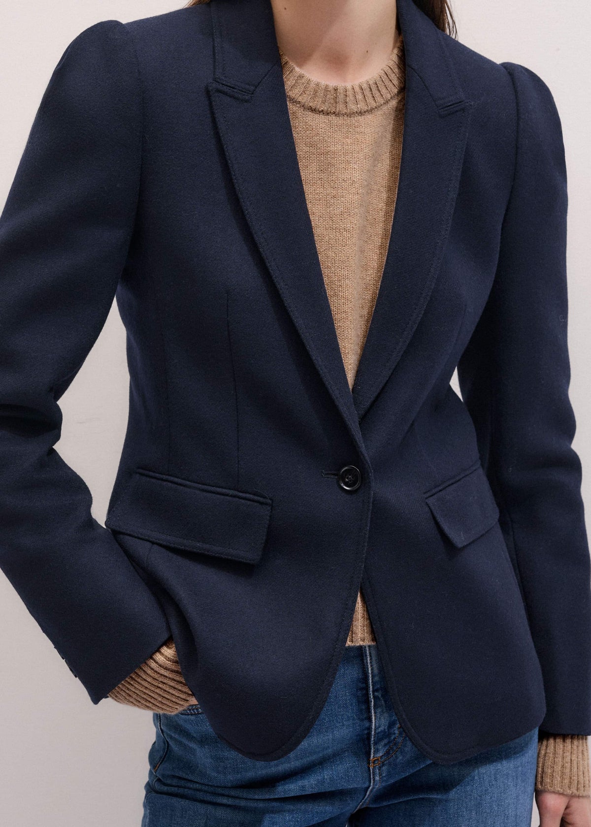 Navy Feminine Sleeve Fitted Blazer | ME+EM