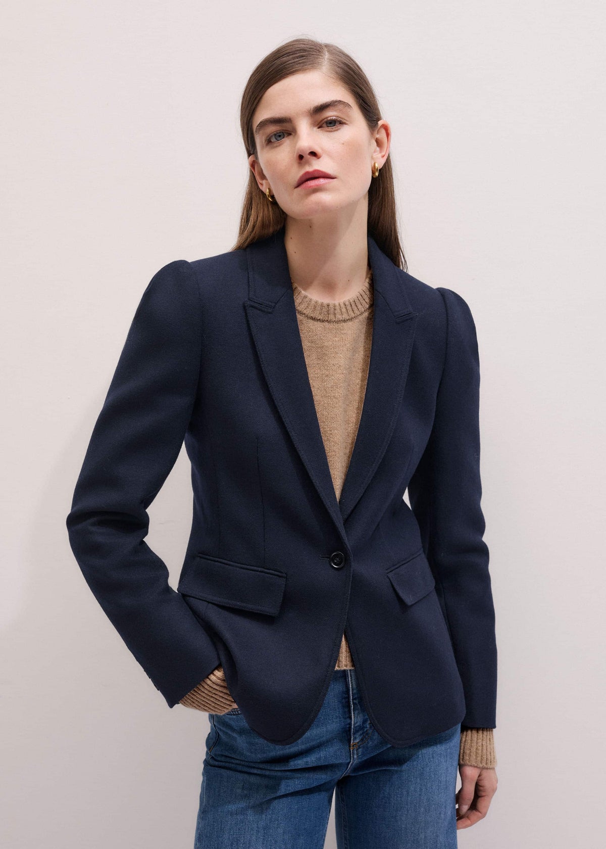 Navy Feminine Sleeve Fitted Blazer | ME+EM