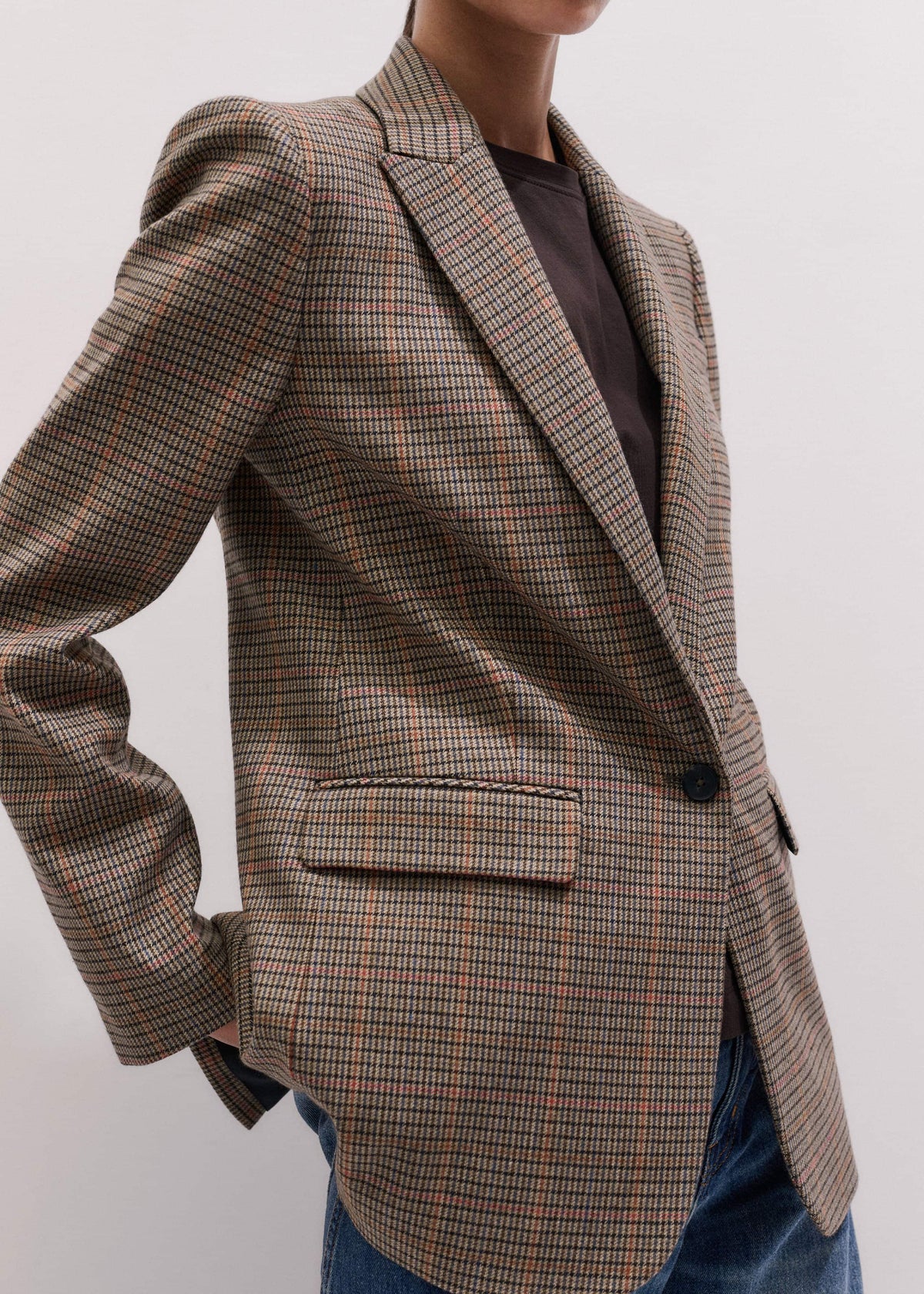 Brown Check Sharp Shoulder Blazer | ME+EM