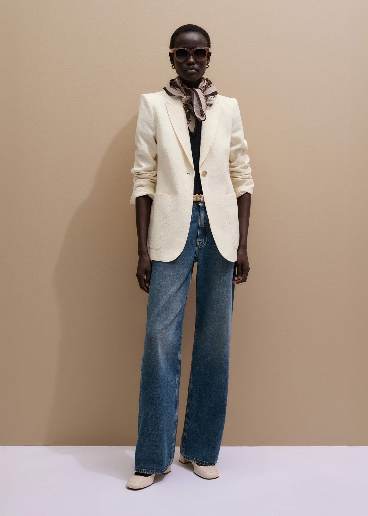 Ivory Luxe Jacquard Sharp Shoulder Blazer | ME+EM