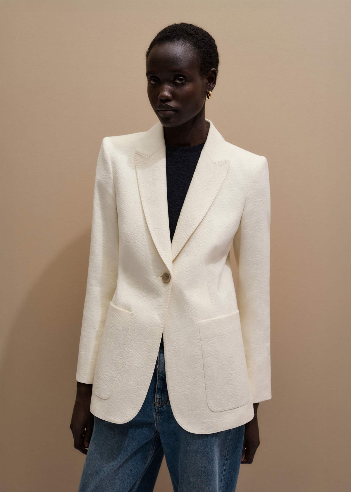 Ivory Luxe Jacquard Sharp Shoulder Blazer | ME+EM