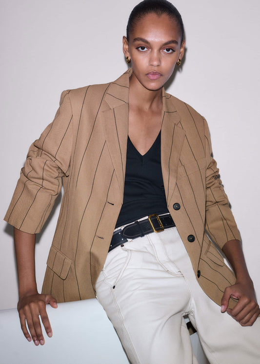 Tan Icon Intelligently Oversized Pinstripe Blazer | ME+EM