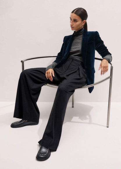 Navy Pinstripe Velvet Sharp Shoulder Blazer | ME+EM