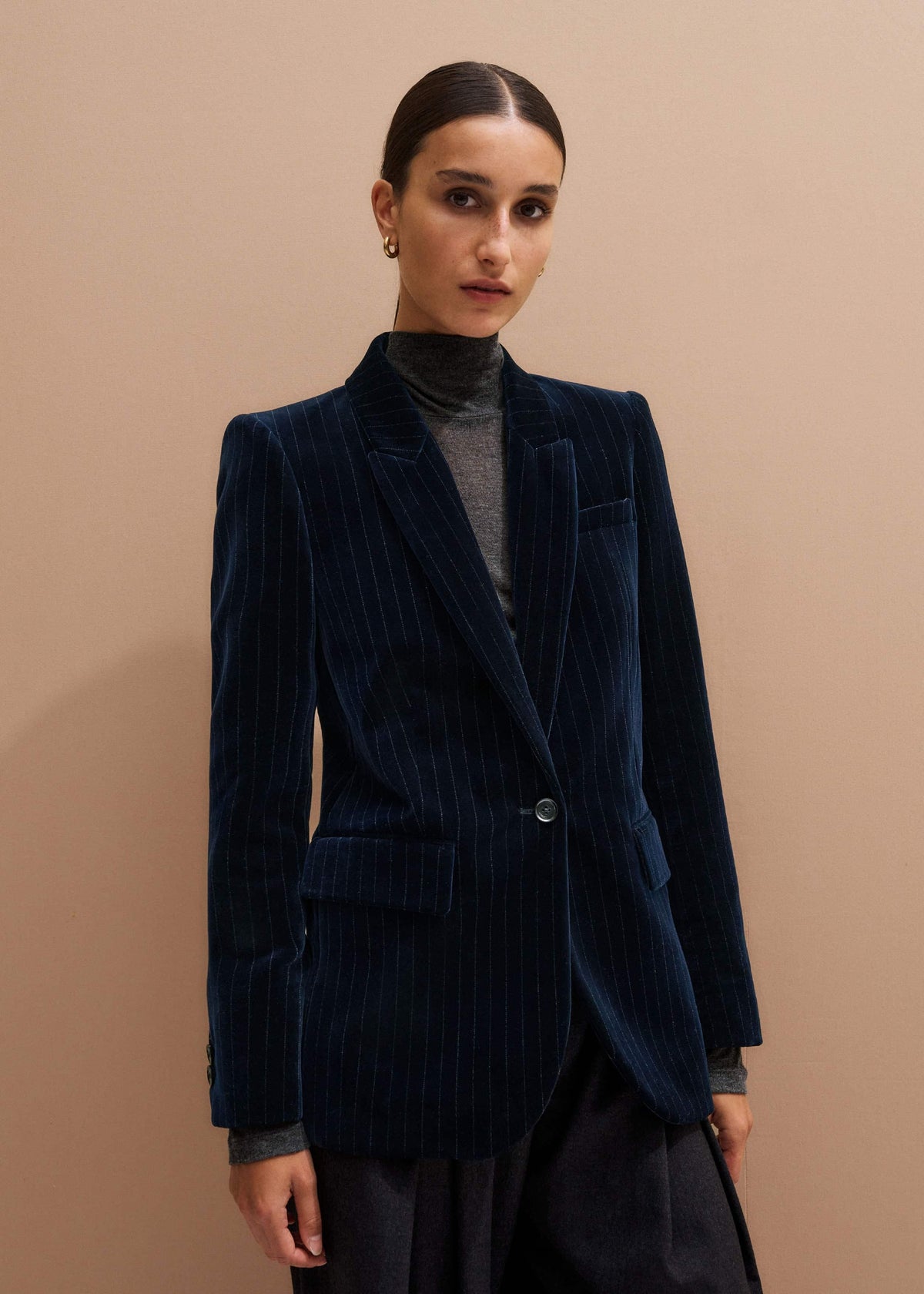 Navy Pinstripe Velvet Sharp Shoulder Blazer | ME+EM
