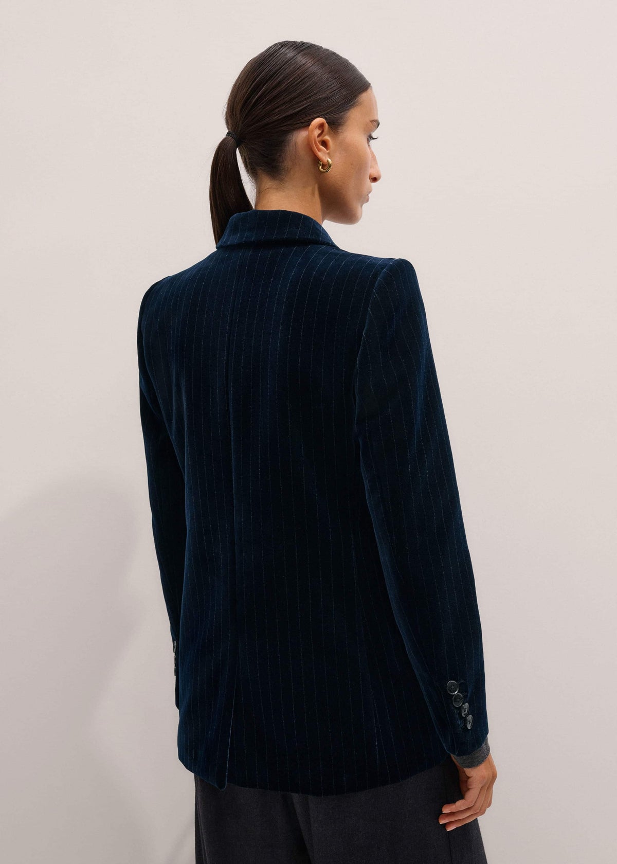 Navy Pinstripe Velvet Sharp Shoulder Blazer | ME+EM