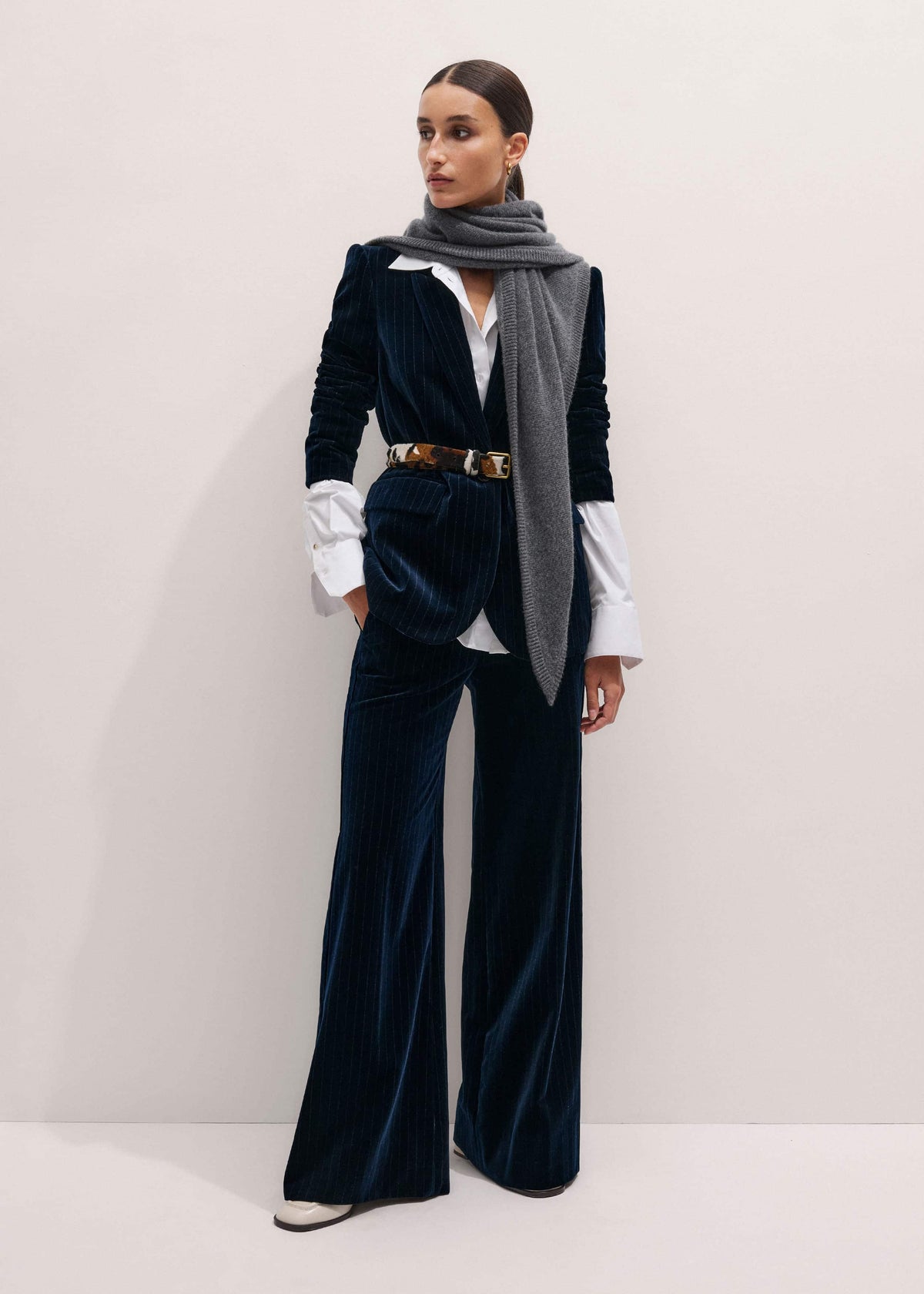 Navy Pinstripe Velvet Sharp Shoulder Blazer | ME+EM