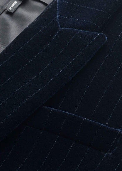 Navy Pinstripe Velvet Sharp Shoulder Blazer | ME+EM