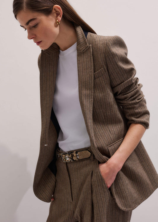 Mocha Brown Pinstripe Sharp Shoulder Blazer | ME+EM