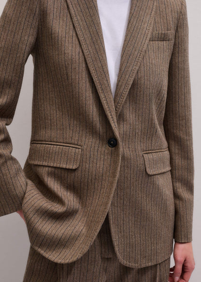 Mocha Brown Pinstripe Sharp Shoulder Blazer | ME+EM