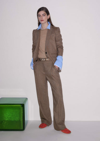 Mocha Brown Pinstripe Sharp Shoulder Blazer | ME+EM