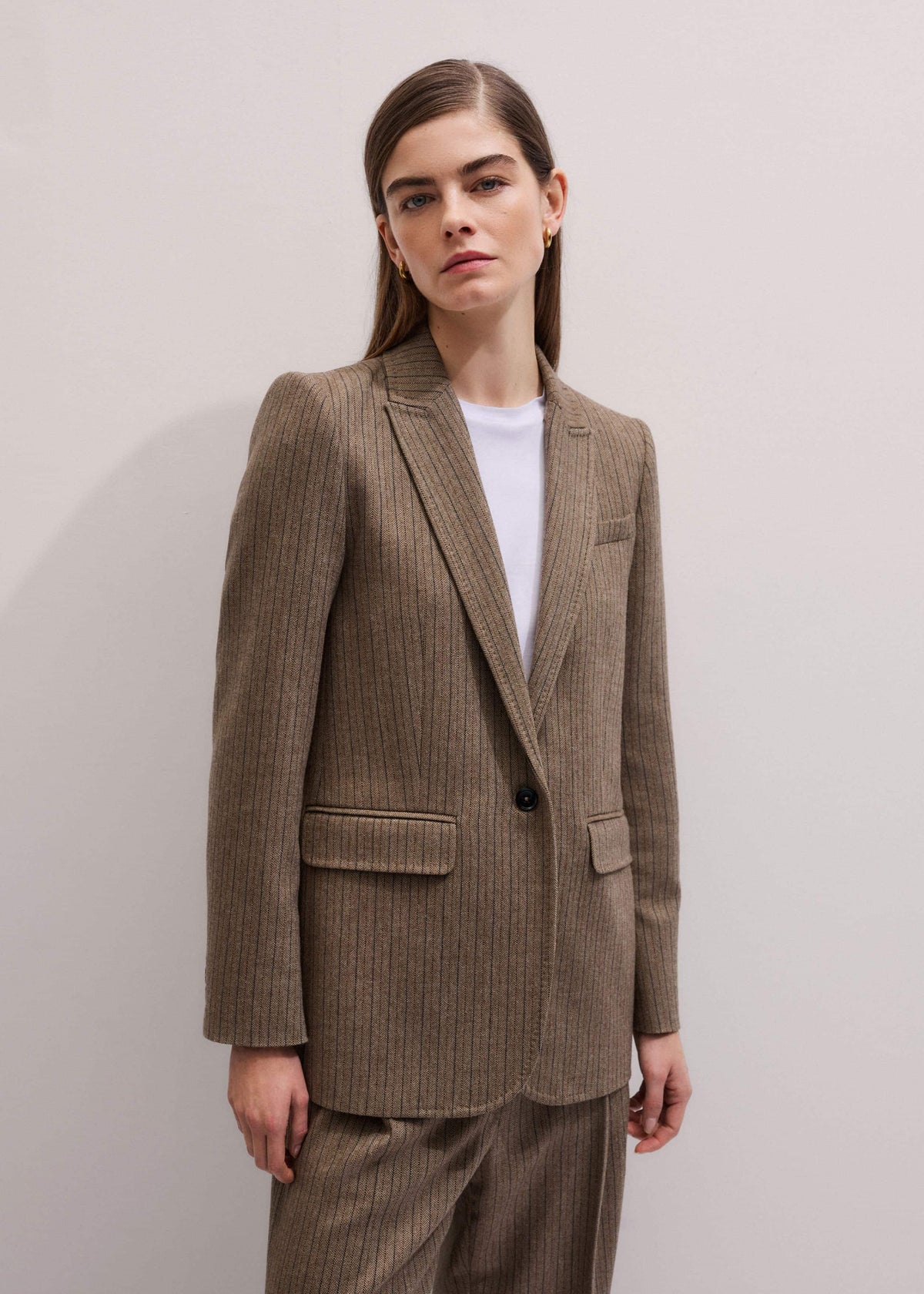 Mocha Brown Pinstripe Sharp Shoulder Blazer | ME+EM