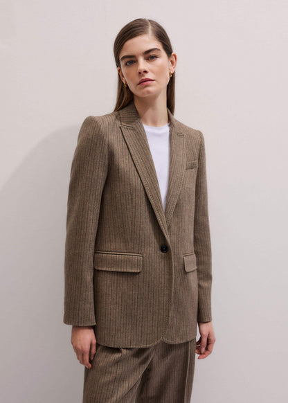 Mocha Brown Pinstripe Sharp Shoulder Blazer | ME+EM