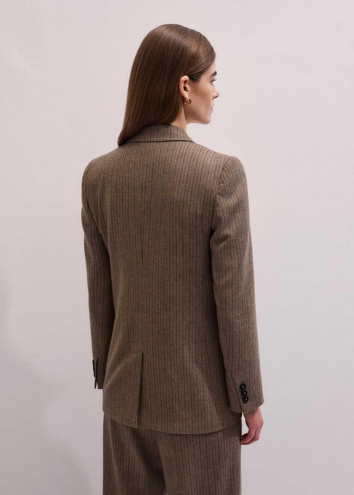 Mocha Brown Pinstripe Sharp Shoulder Blazer | ME+EM