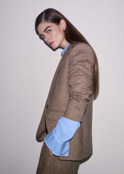 Mocha Brown Pinstripe Sharp Shoulder Blazer | ME+EM