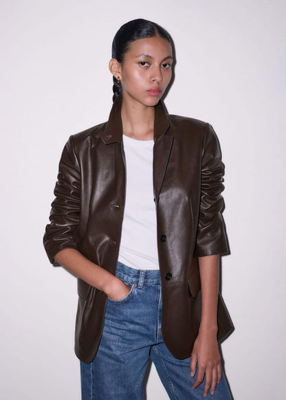 Brown Leather Luxe Relaxed Boyfriend Blazer | ME+EM