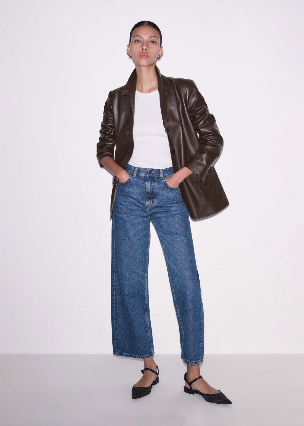 Brown Leather Luxe Relaxed Boyfriend Blazer | ME+EM
