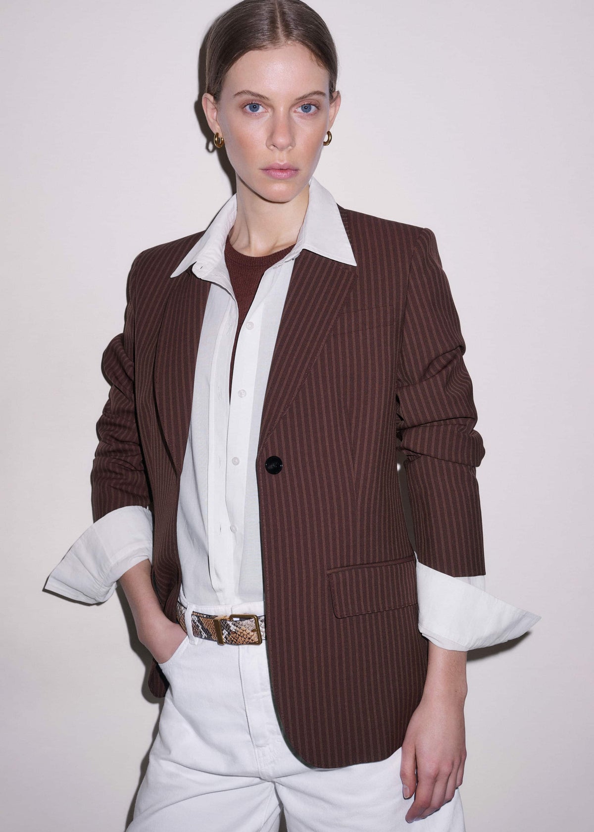 Cinnamon Pinstripe Sharp Shoulder Contour Blazer | ME+EM