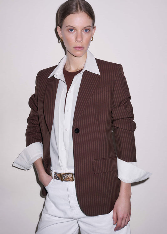 Cinnamon Pinstripe Sharp Shoulder Contour Blazer | ME+EM