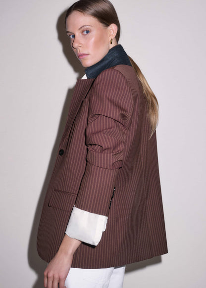 Cinnamon Pinstripe Sharp Shoulder Contour Blazer | ME+EM