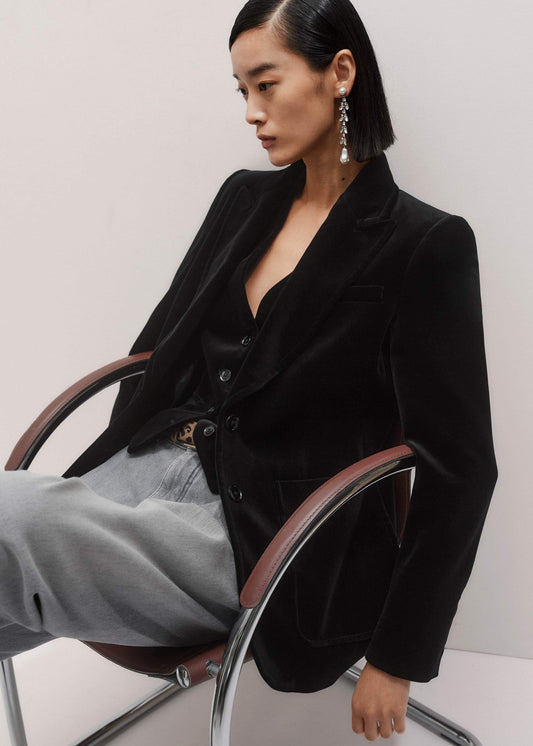 Black Stretch Velvet Sharp Shoulder Blazer | ME+EM