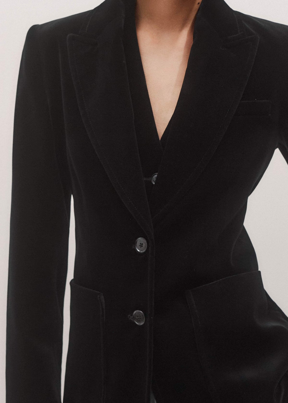 Black Stretch Velvet Sharp Shoulder Blazer | ME+EM