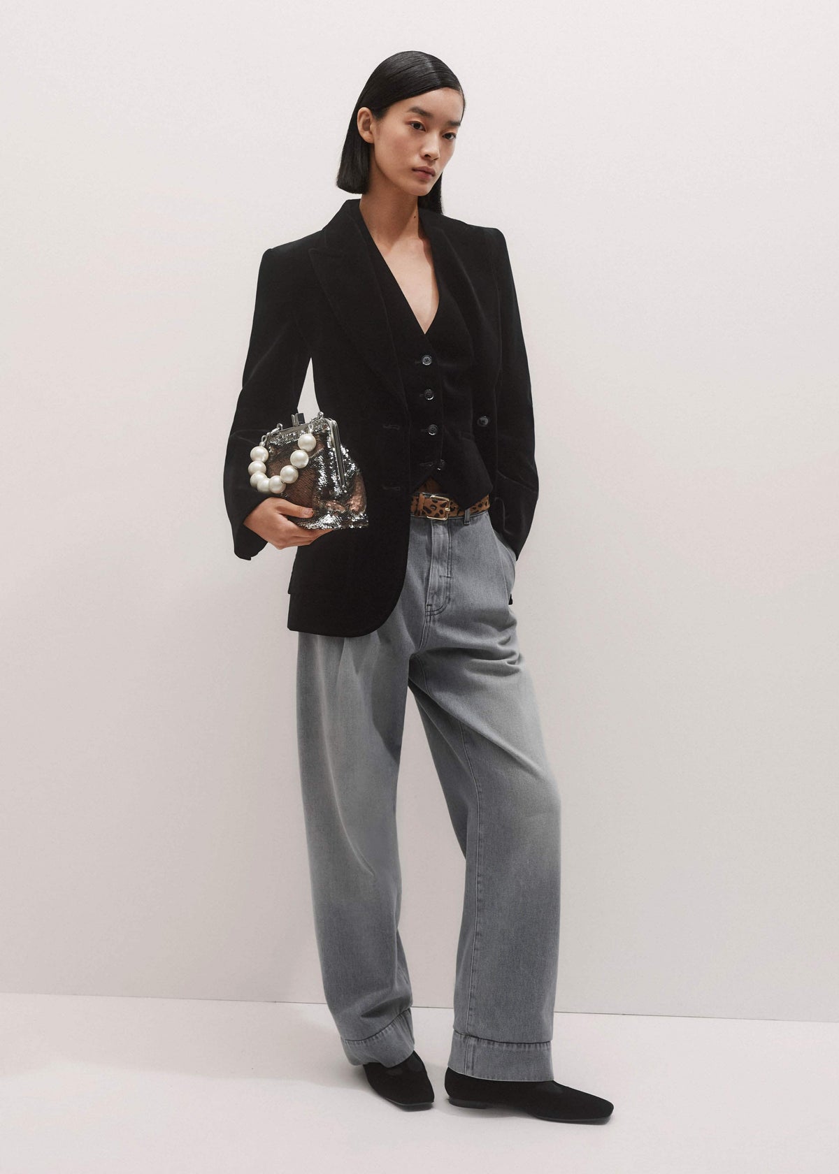 Black Stretch Velvet Sharp Shoulder Blazer | ME+EM