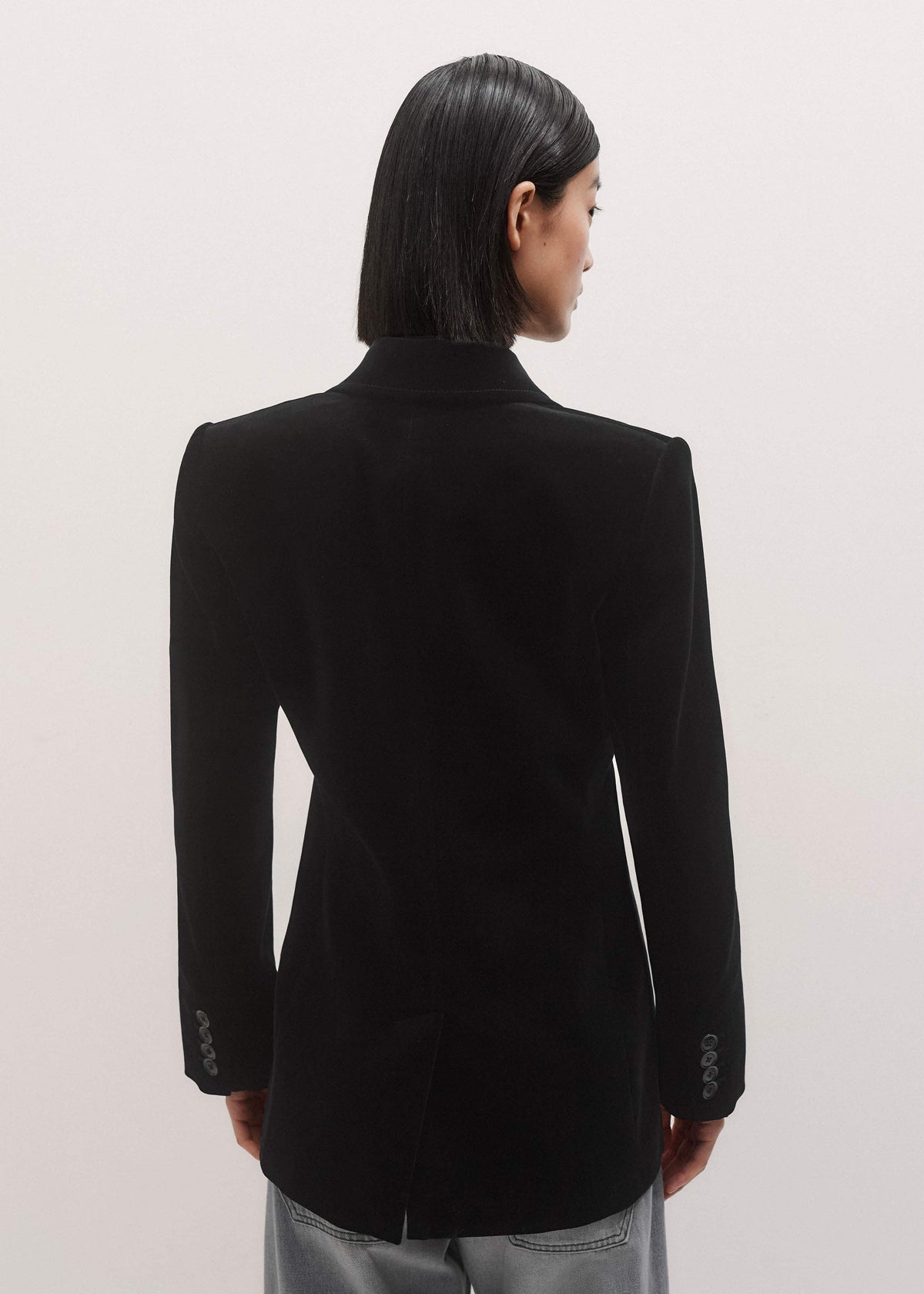 Black Stretch Velvet Sharp Shoulder Blazer | ME+EM