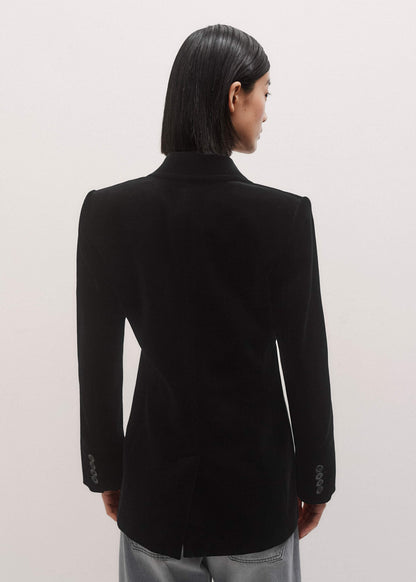 Black Stretch Velvet Sharp Shoulder Blazer | ME+EM