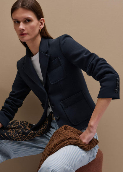 Navy Herringbone Fitted Crop Jacket | ME+EM
