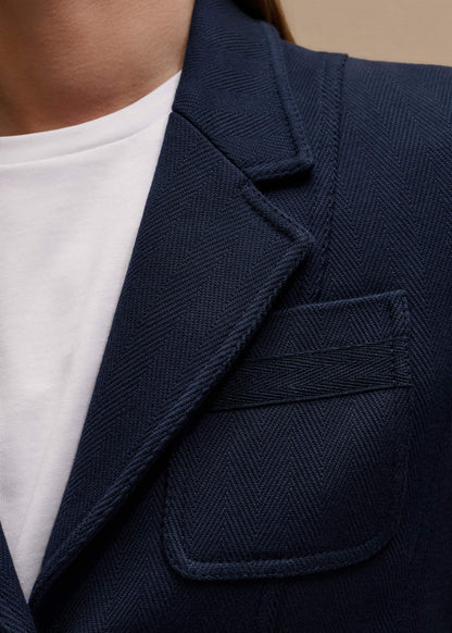 Navy Herringbone Fitted Crop Jacket | ME+EM