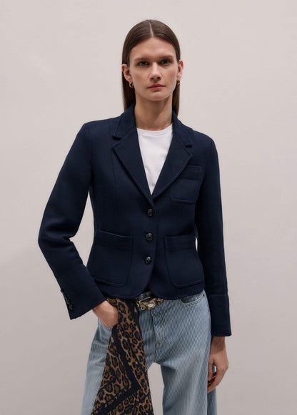 Navy Herringbone Fitted Crop Jacket | ME+EM