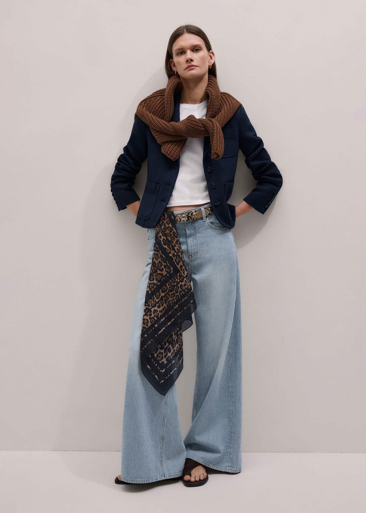 Navy Herringbone Fitted Crop Jacket | ME+EM