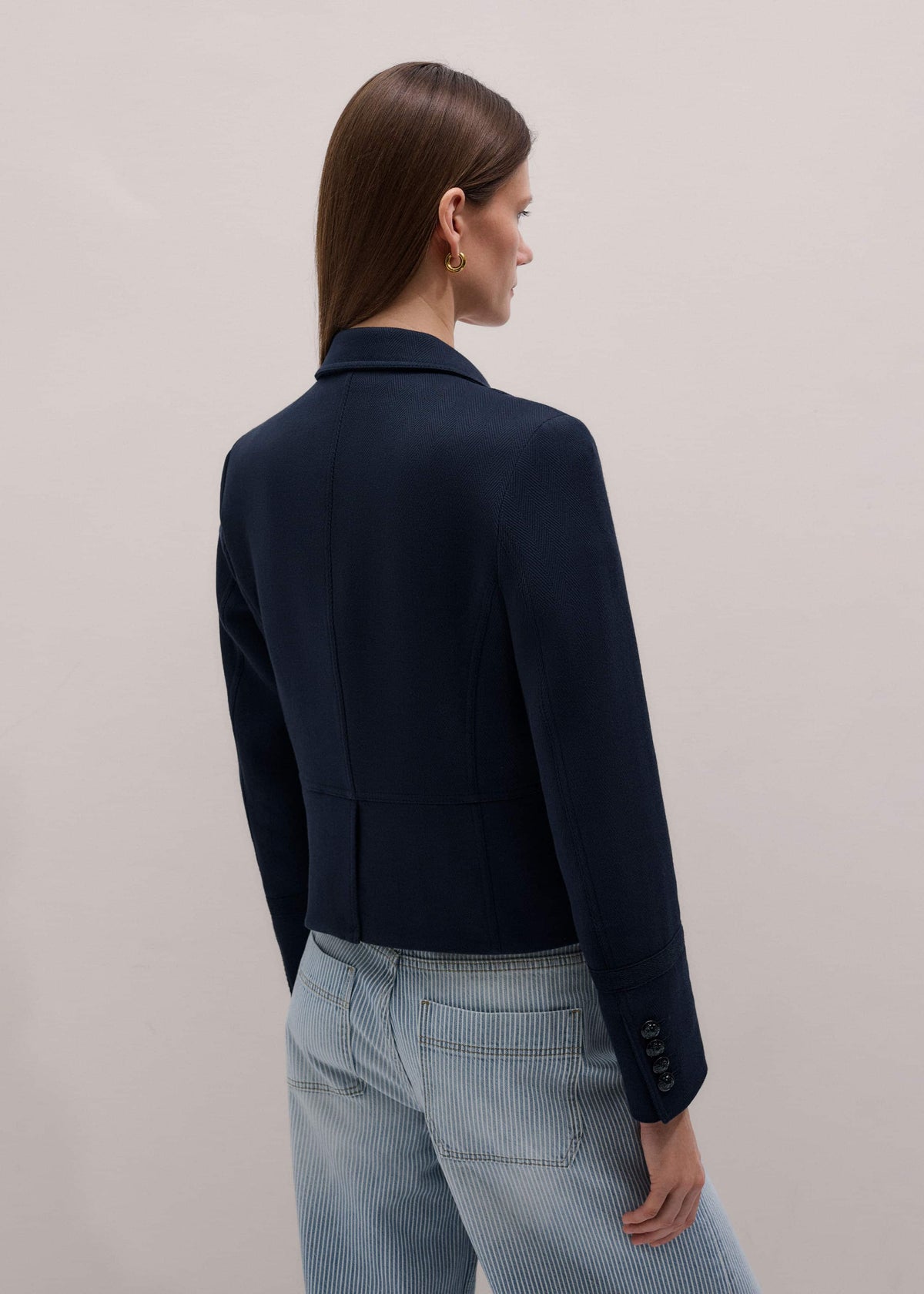 Navy Herringbone Fitted Crop Jacket | ME+EM