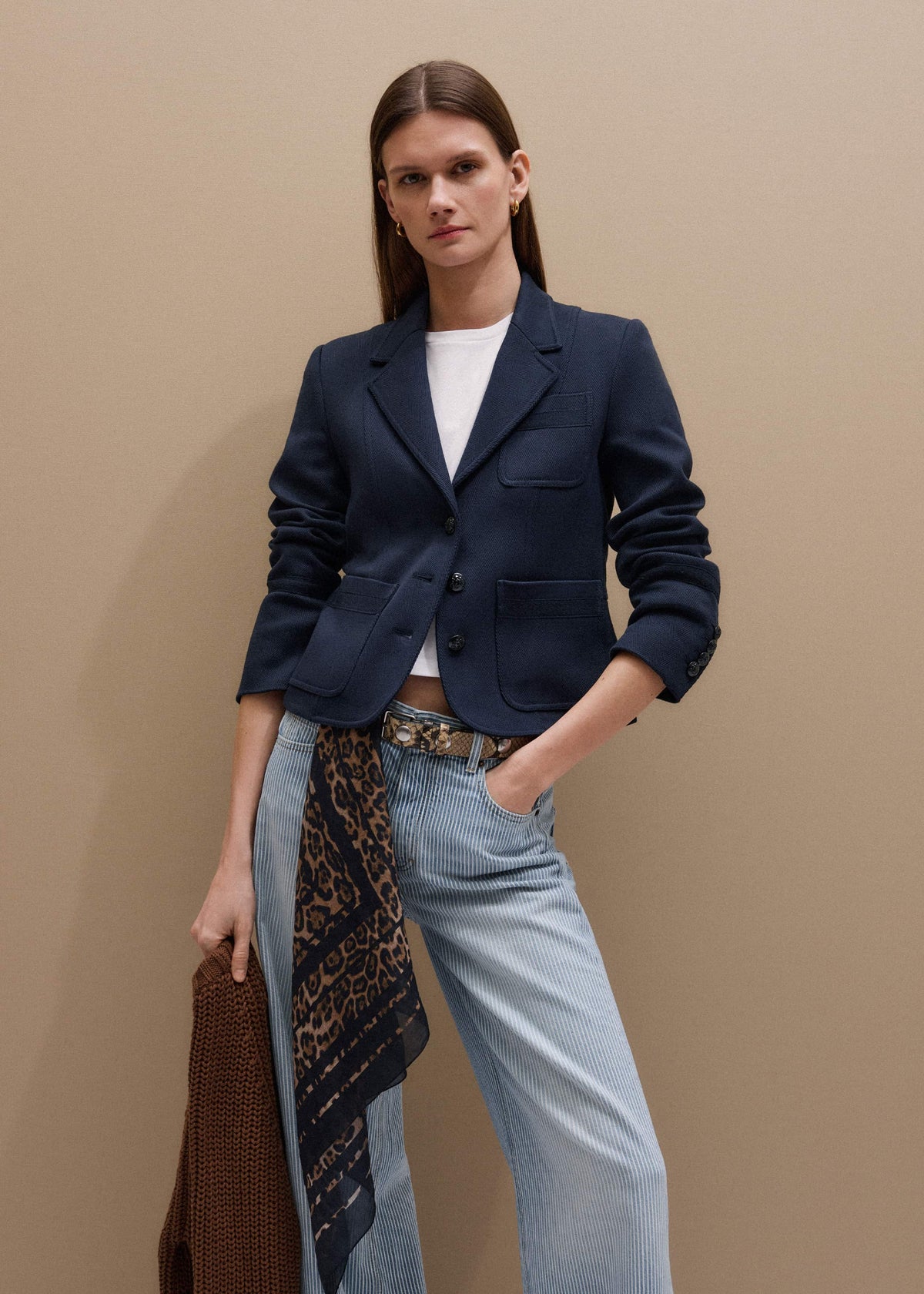 Navy Herringbone Fitted Crop Jacket | ME+EM