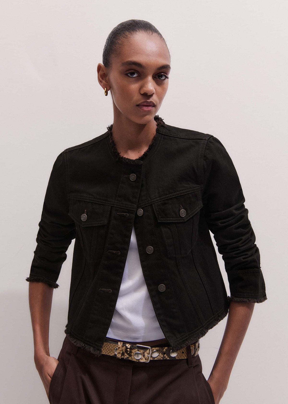 Black Collarless Fray Jacket | ME+EM