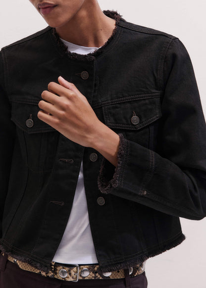 Black Collarless Fray Jacket | ME+EM