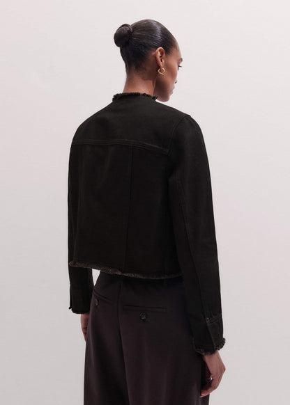 Black Collarless Fray Jacket | ME+EM