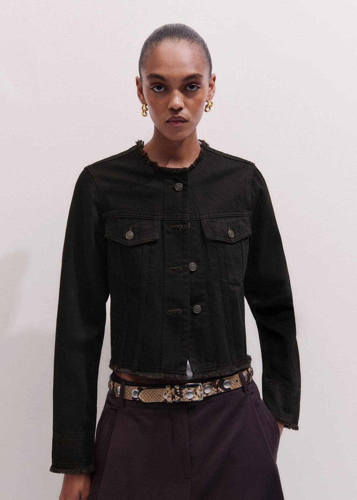 Black Collarless Fray Jacket | ME+EM