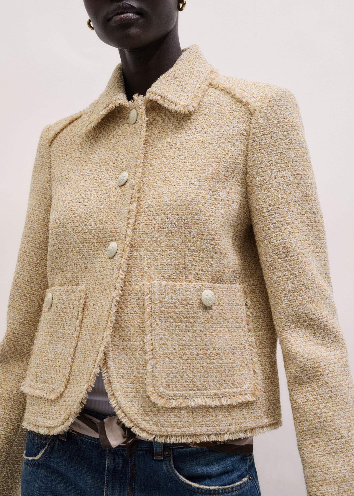 Cream Fringed Short Jacket | ME+EM