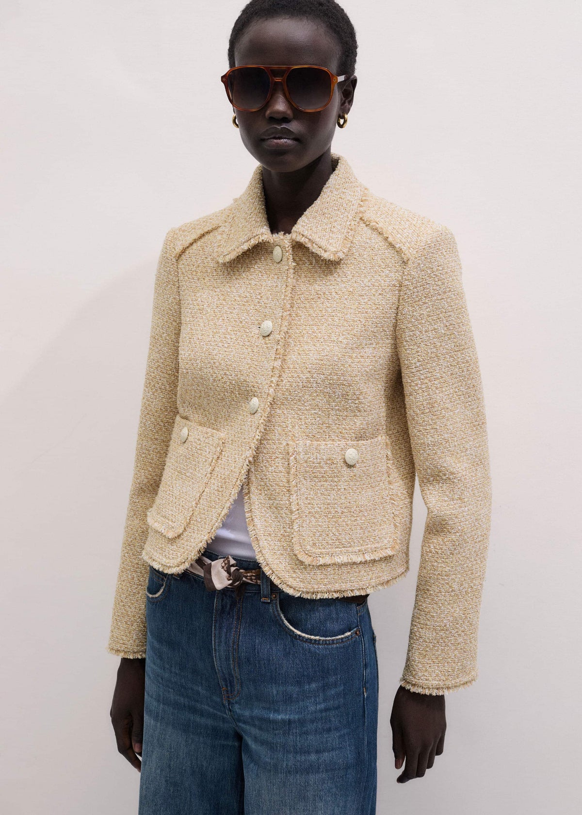 Cream Fringed Short Jacket | ME+EM