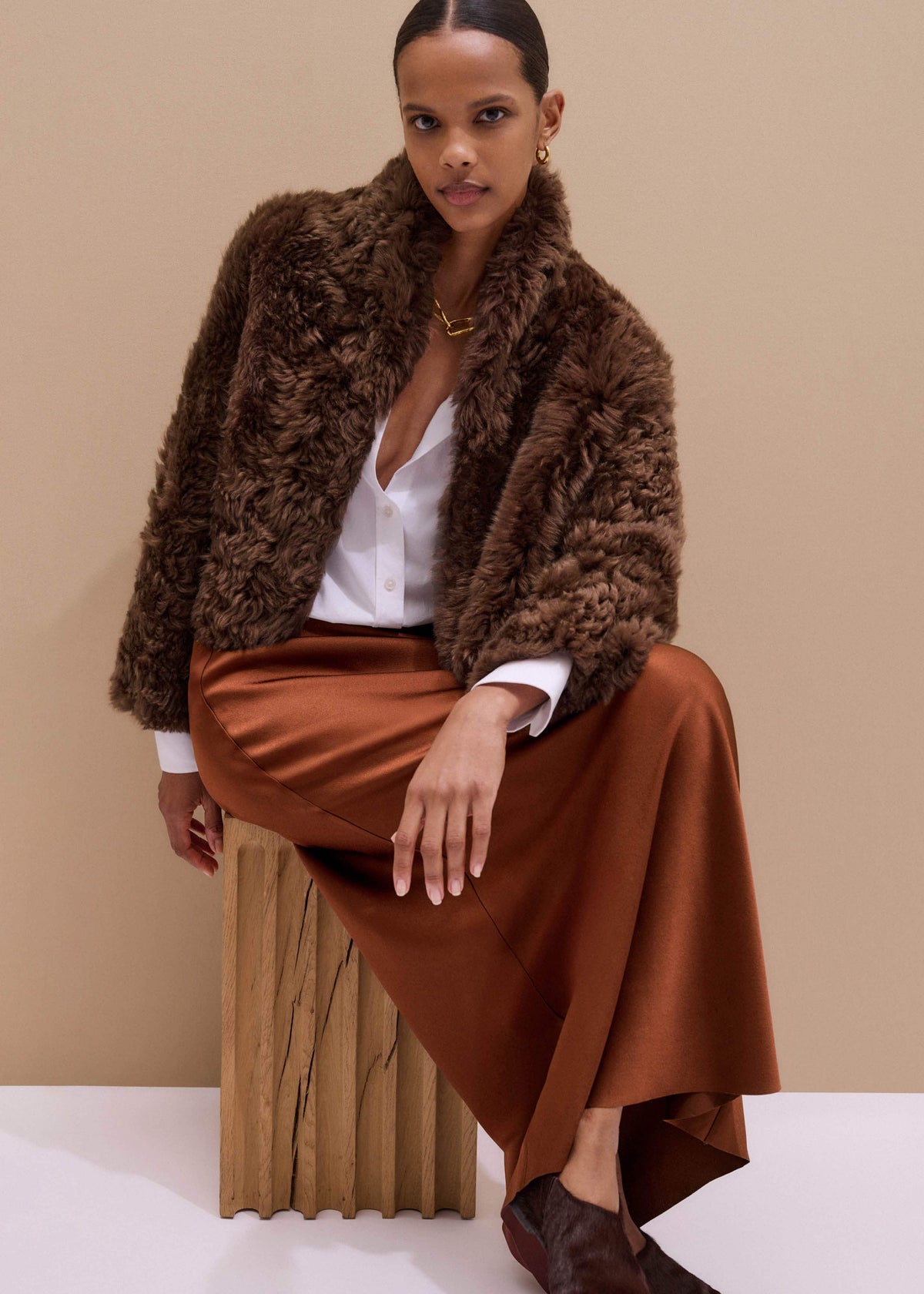 Brown Luxe Shearling Evening Crop Jacket | ME+EM