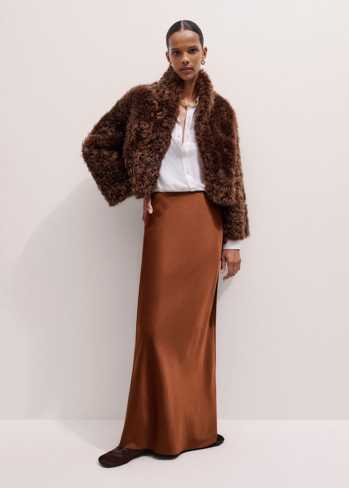 Brown Luxe Shearling Evening Crop Jacket | ME+EM