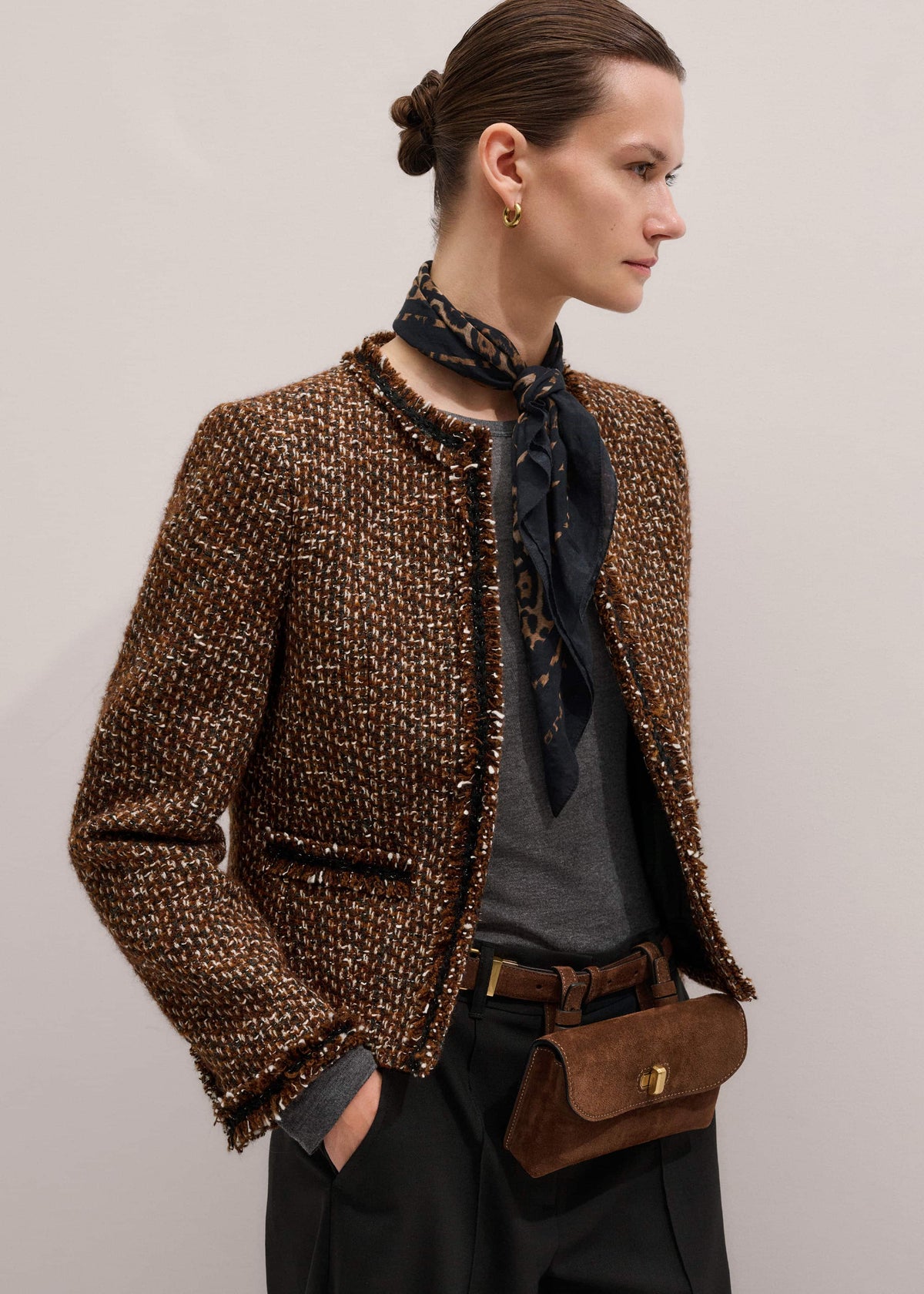 Brown Slim Tweed Fringed Jacket | ME+EM