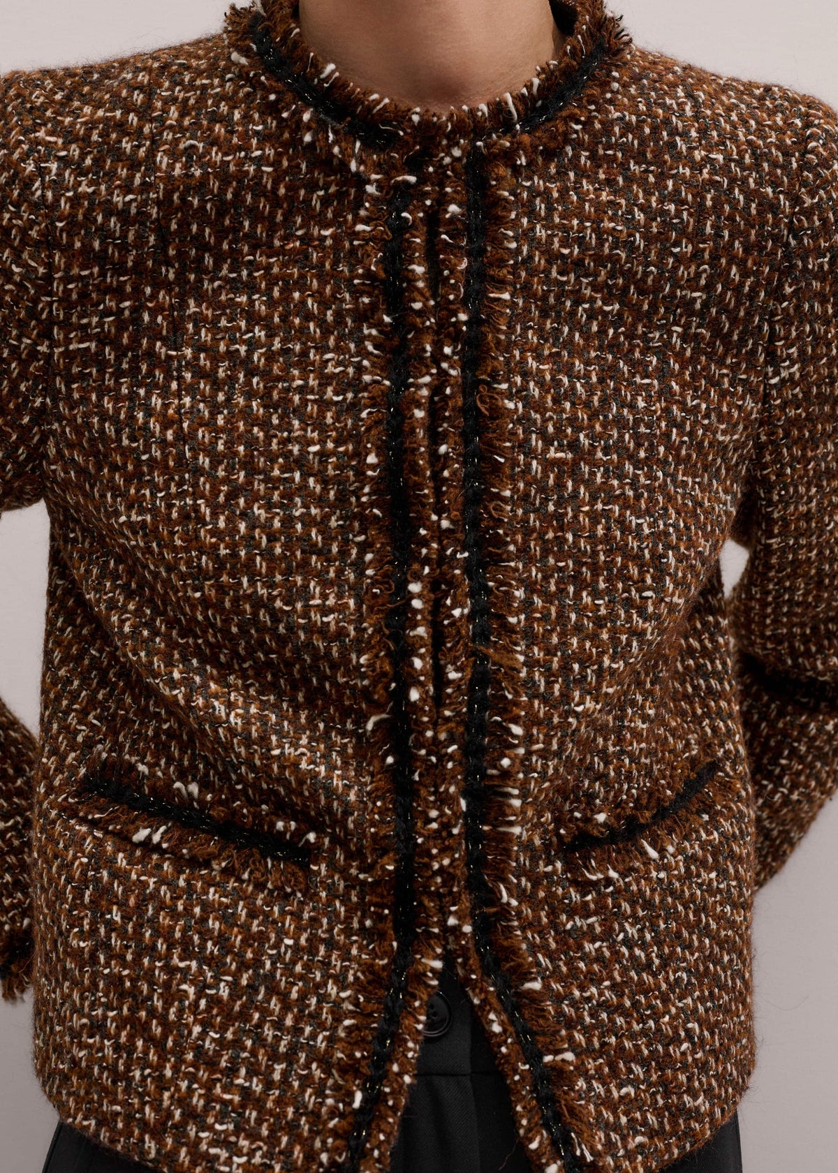 Brown Slim Tweed Fringed Jacket | ME+EM
