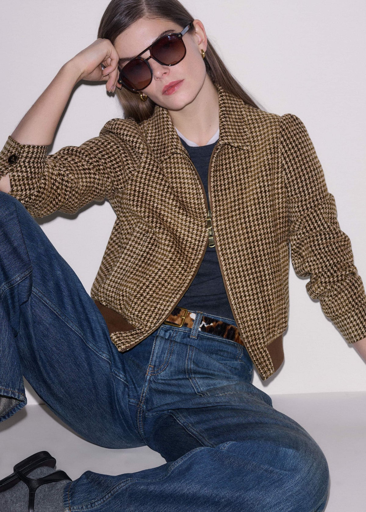 Brown Super Soft Houndstooth Bomber Jacket | ME+EM
