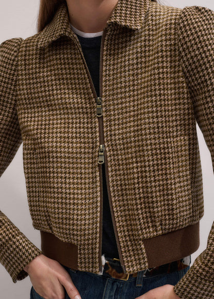 Brown Super Soft Houndstooth Bomber Jacket | ME+EM